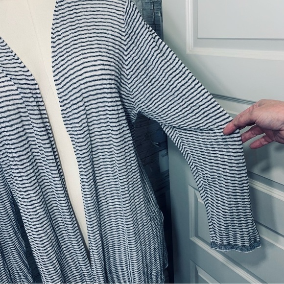 EILEEN Fisher Organic Linen Blend Striped Open Cardigan Sweater White Gray 1-2XL - Picture 8 of 13